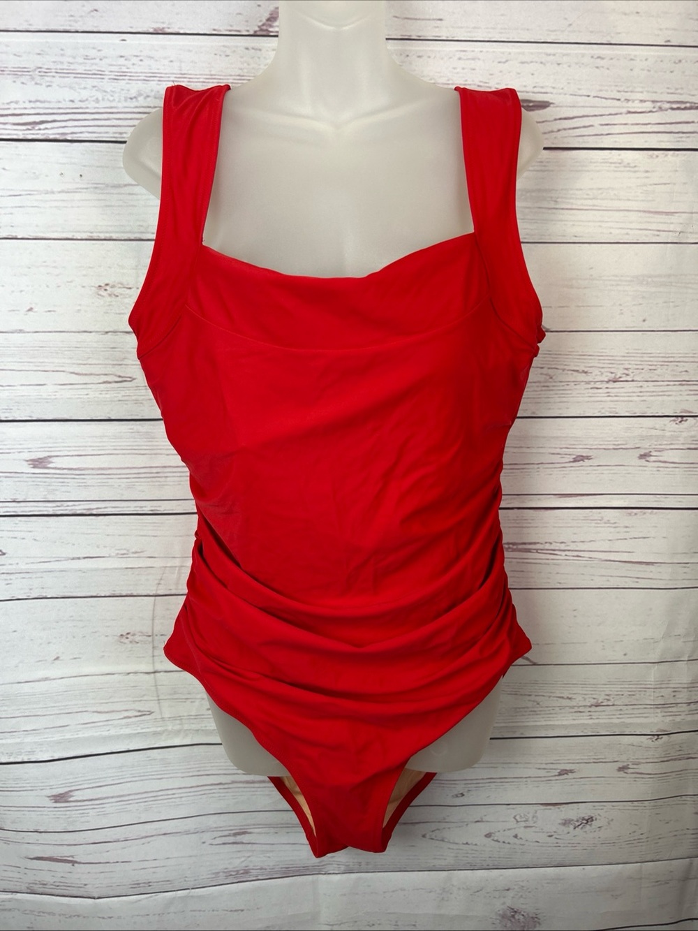 J. Crew Nia Red Ruched Squareneck One-Piece Swimsuit Sz 16